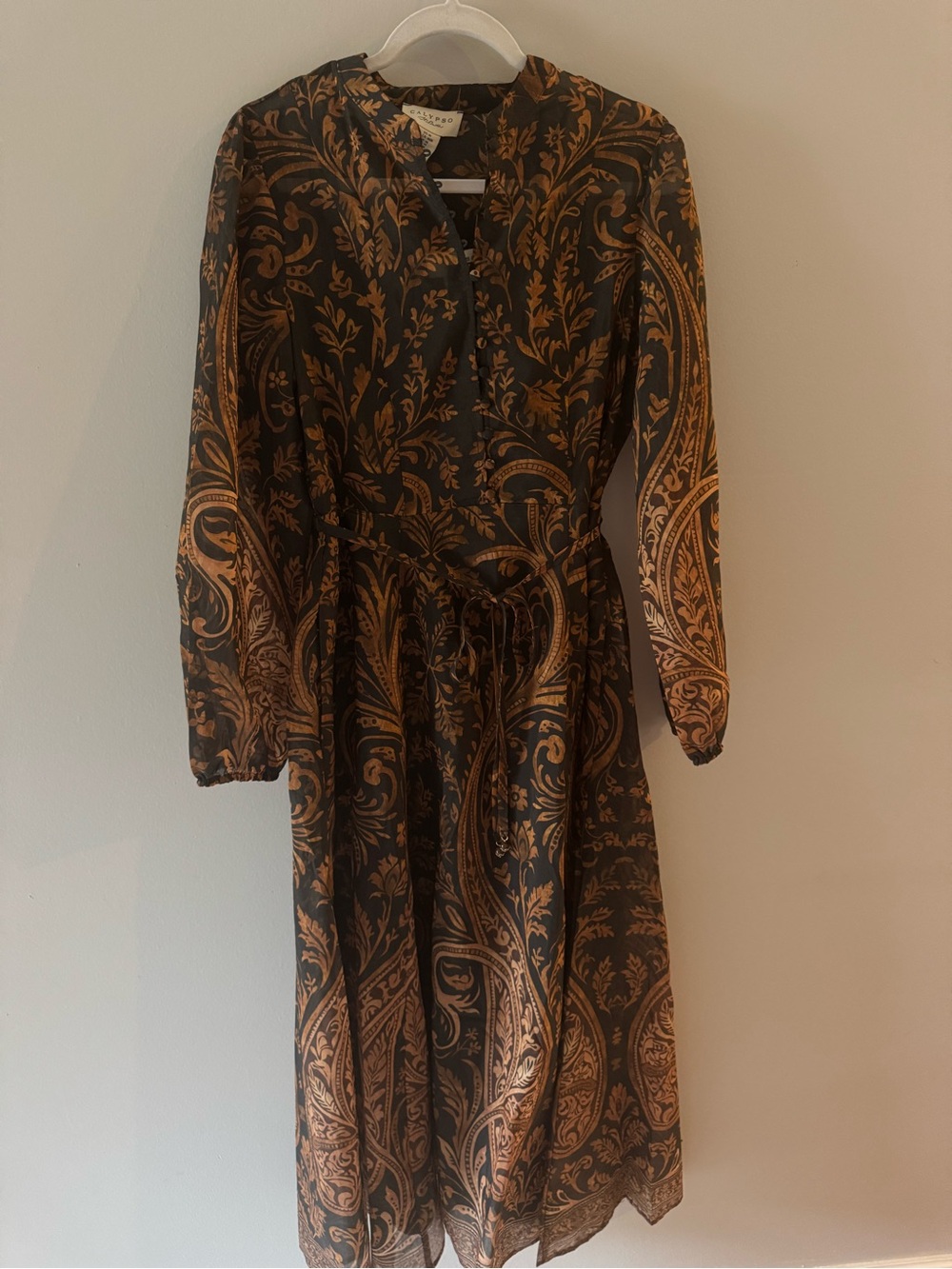 Calypso St. Barth Women’s Lyocell Black and Brown Paisley Long-Sleeve Midi Dress